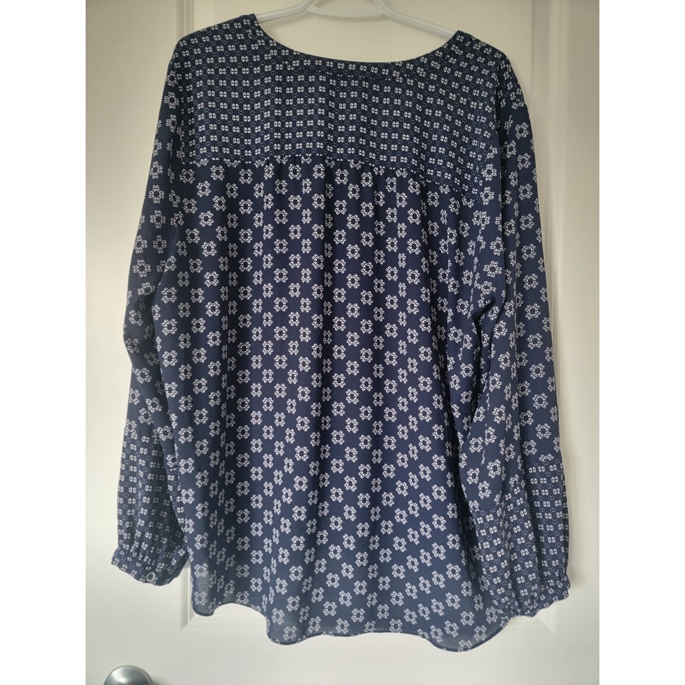 NYDJ Navy Blue‎ White Geometric Floral Print V-Neck Peasant Blouse Top Womens XL - Picture 2 of 6